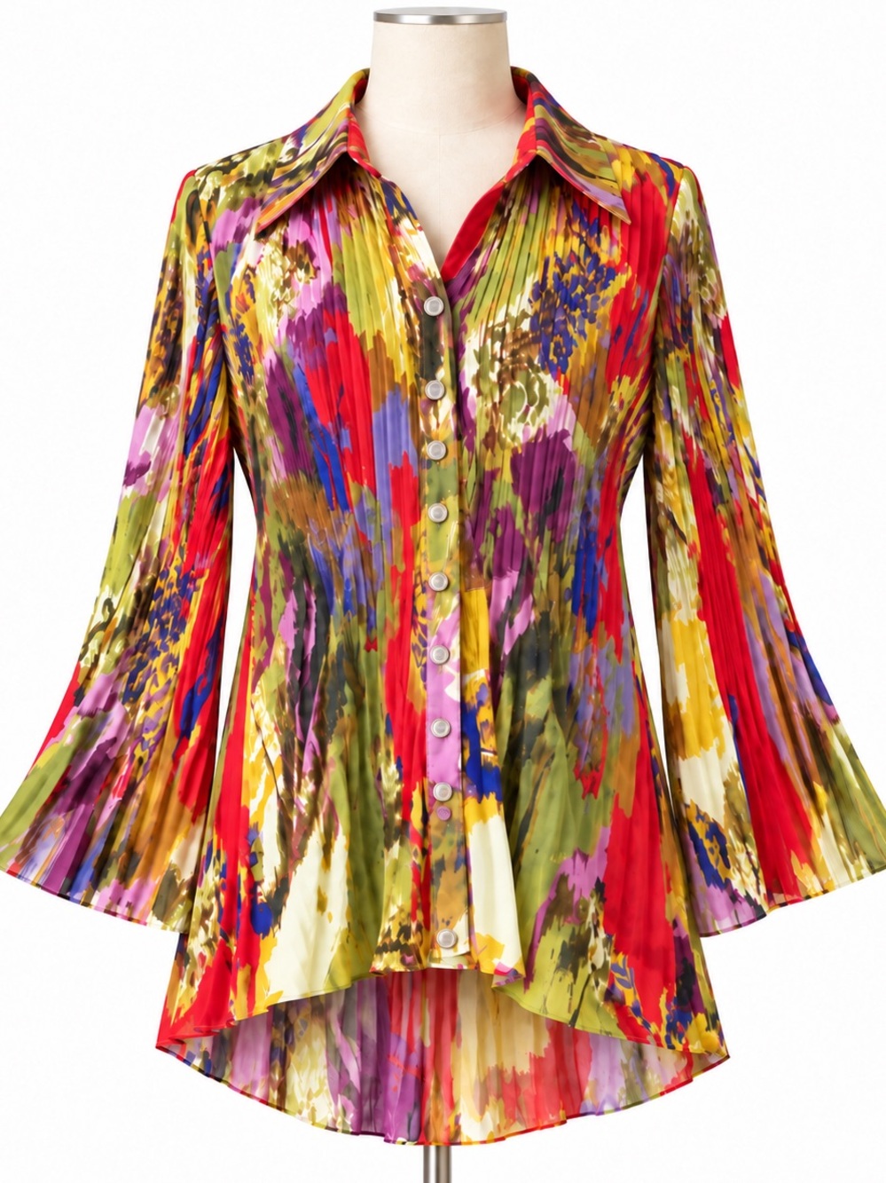 SUNNY LEIGH Abstract Asymmetrical Print Button-Down Cuffed Longline Tunic Blouse
